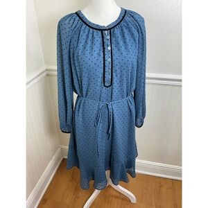 LOFT Dress Blue‎ Black Dot Long Sleeve Tie Waist Lightweight Women Size S